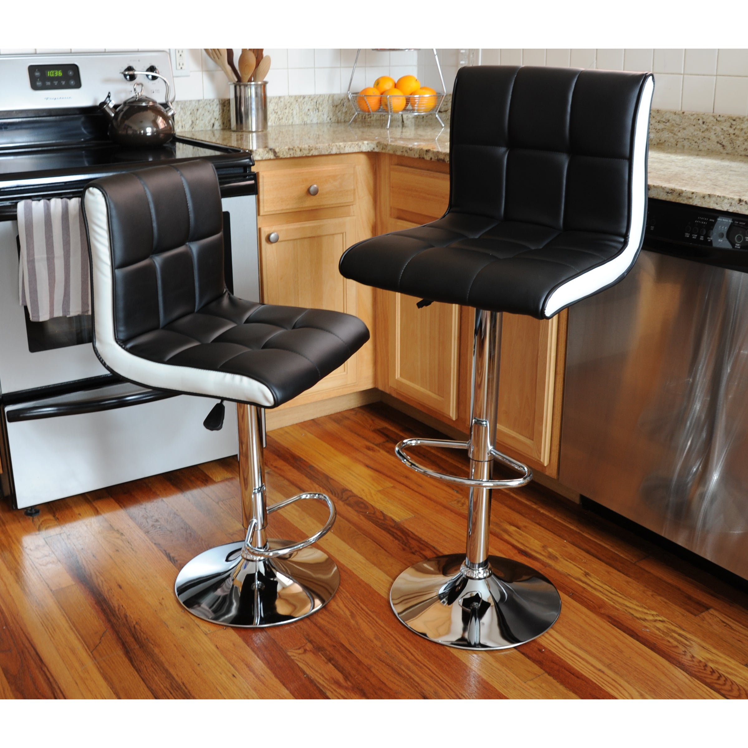 AmeriHome 2 Piece Adjustable Full Back Modern Black Vinyl Finish Bar Stool with White Accent Strip