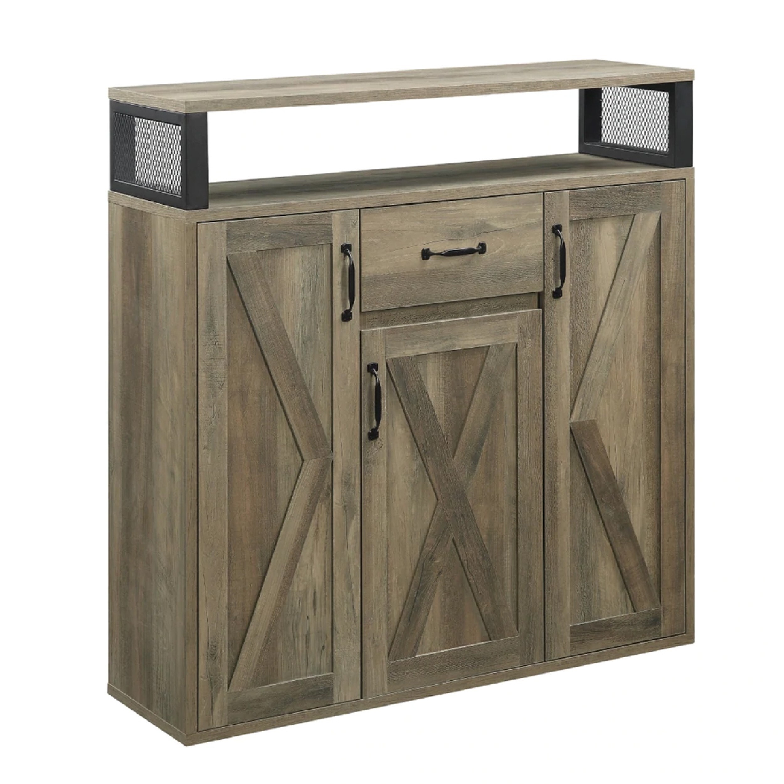 39 Inch Wood Sideboard Buffet Cabinet， 3 Barn Style Doors， Rustic Oak