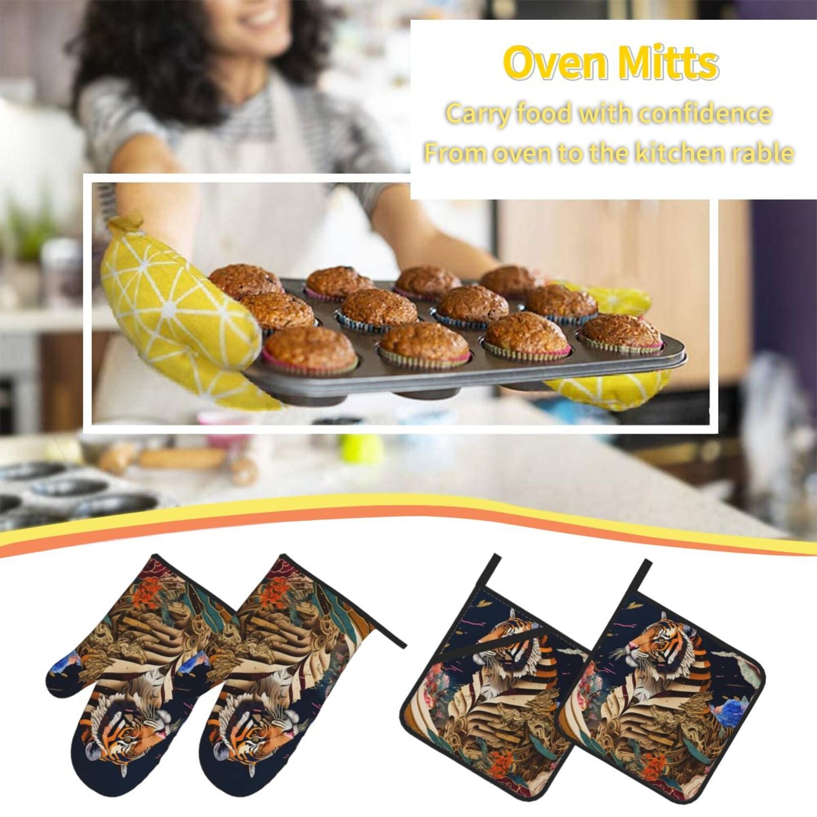 Oven Mitts and Pot Holders Set， Baking 4-Piece Set for Kitchen for Outdoor BBQ Mitts Heat Resistant Cooking， Tiger Paper Cutting Pattern