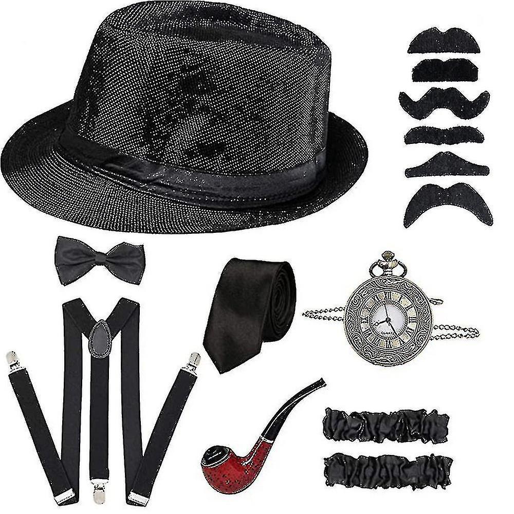 1920s Mens Gatsby Gangster Costume Accessories Set Old Man Grandpa Costume Cosplay Dress Up With Panama Hat Suspender Bow Tie