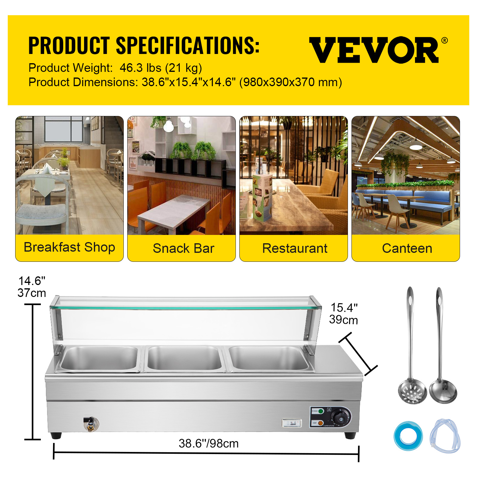 VEVORbrand 3-Pan Bain Marie Food Warmer 6-inch Deep， 1500W Electric Countertop Food Warmer 33 Quart with Tempered Glass Shield， 110V Food Grade Stainelss Steel Commercial Table with 3 Lids and 2 Ladles