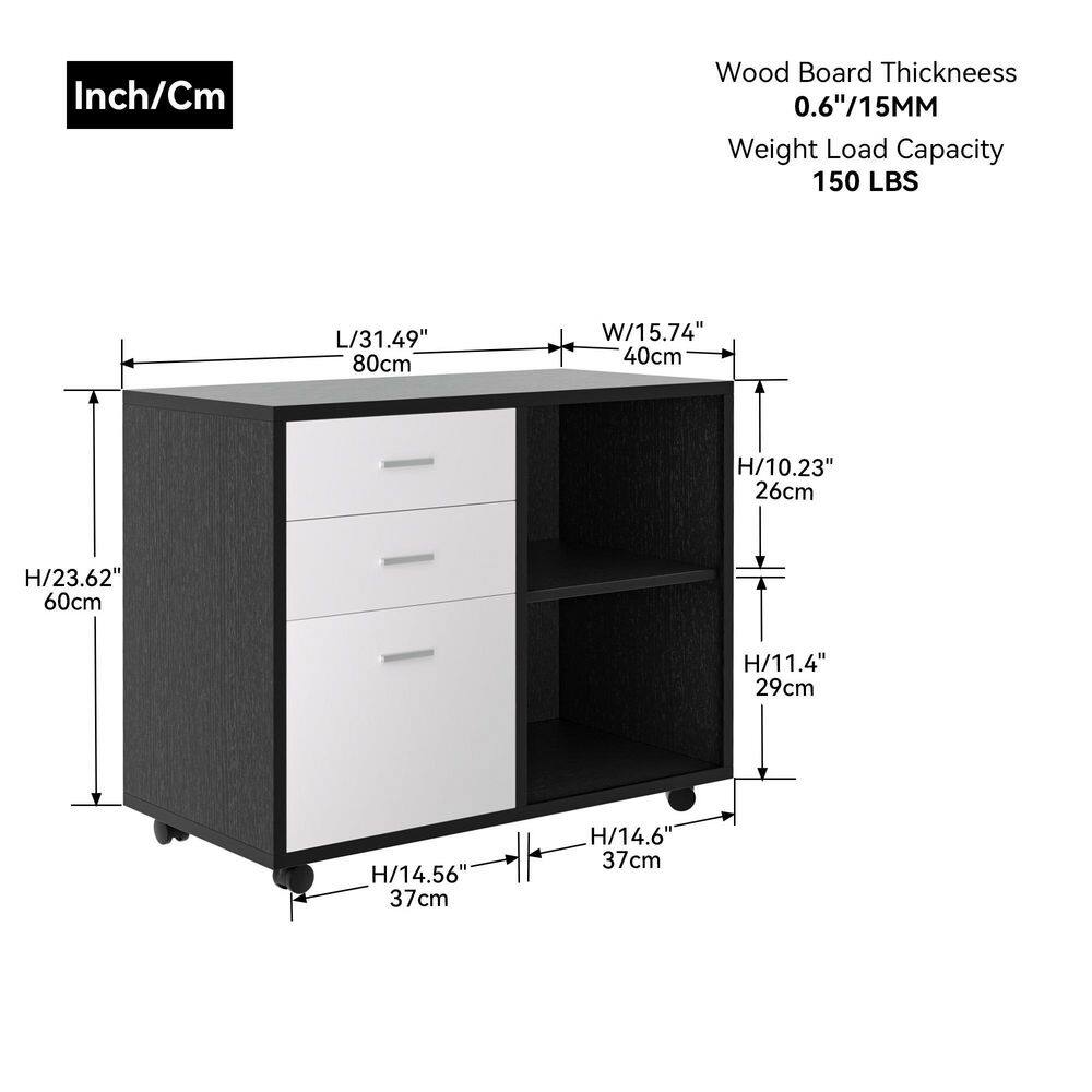 URTR Office Black and Light Gray Lateral File Cabinet with Drawers and Shelves Storage Cabinet with Wheels 1 EA Printer Stand HY02315Y