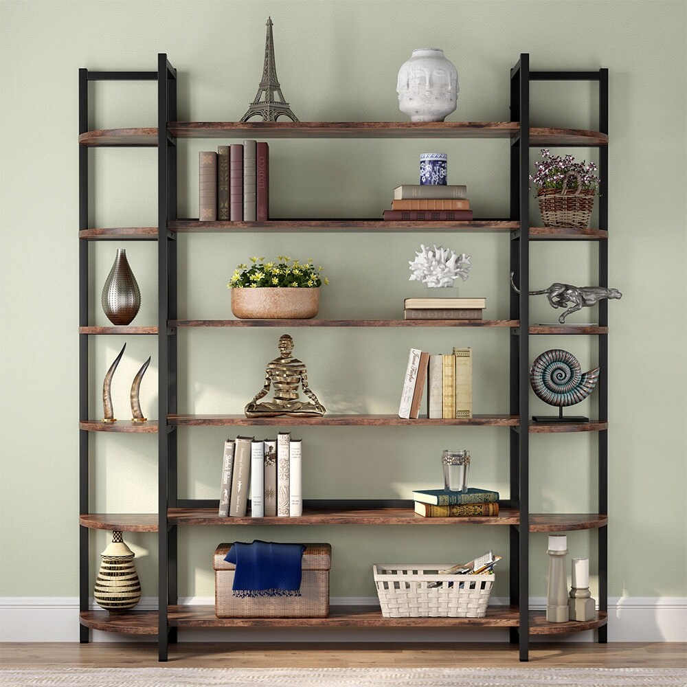 Modern Triple Wide 6 Shelf Bookcase Large Etagere Bookshelves and Double Wide Bookshelf Display Shelves