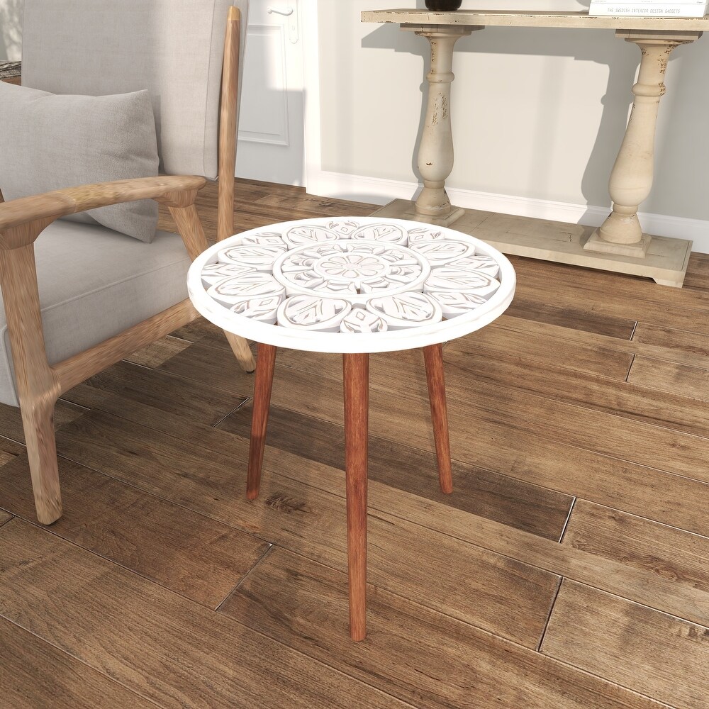 Wood Handmade Intricately Carved Floral Accent Table with 3 Slender Legs