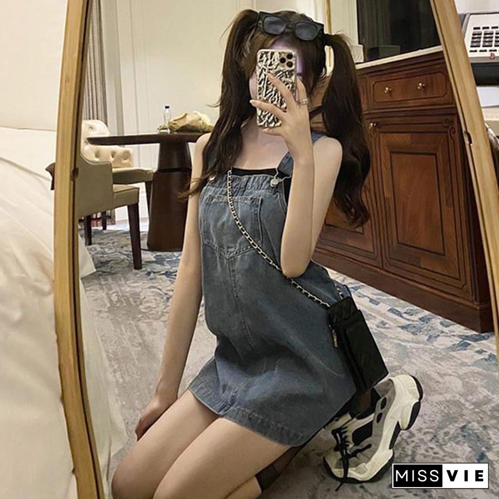 Pure Color A-line Denim Overalls Dress