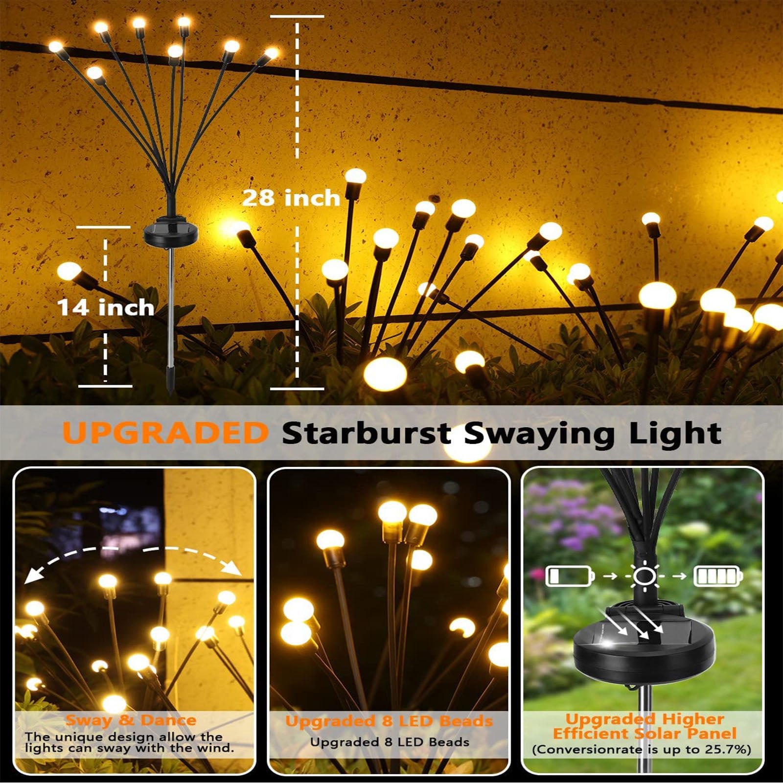 Luosen 8 LED Solar Powered Firefly Lights 4 Pack，Solar Lights Outdoor Waterproof，Starburst Swaying Solar Firefly Lights， Firefly Garden Lights for Path Landscape Outdoor Decorative Lights