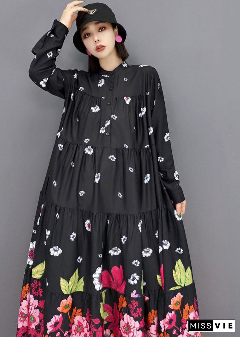 Women Black Stand Collar Floral Print Cotton Long Dress Long Sleeve