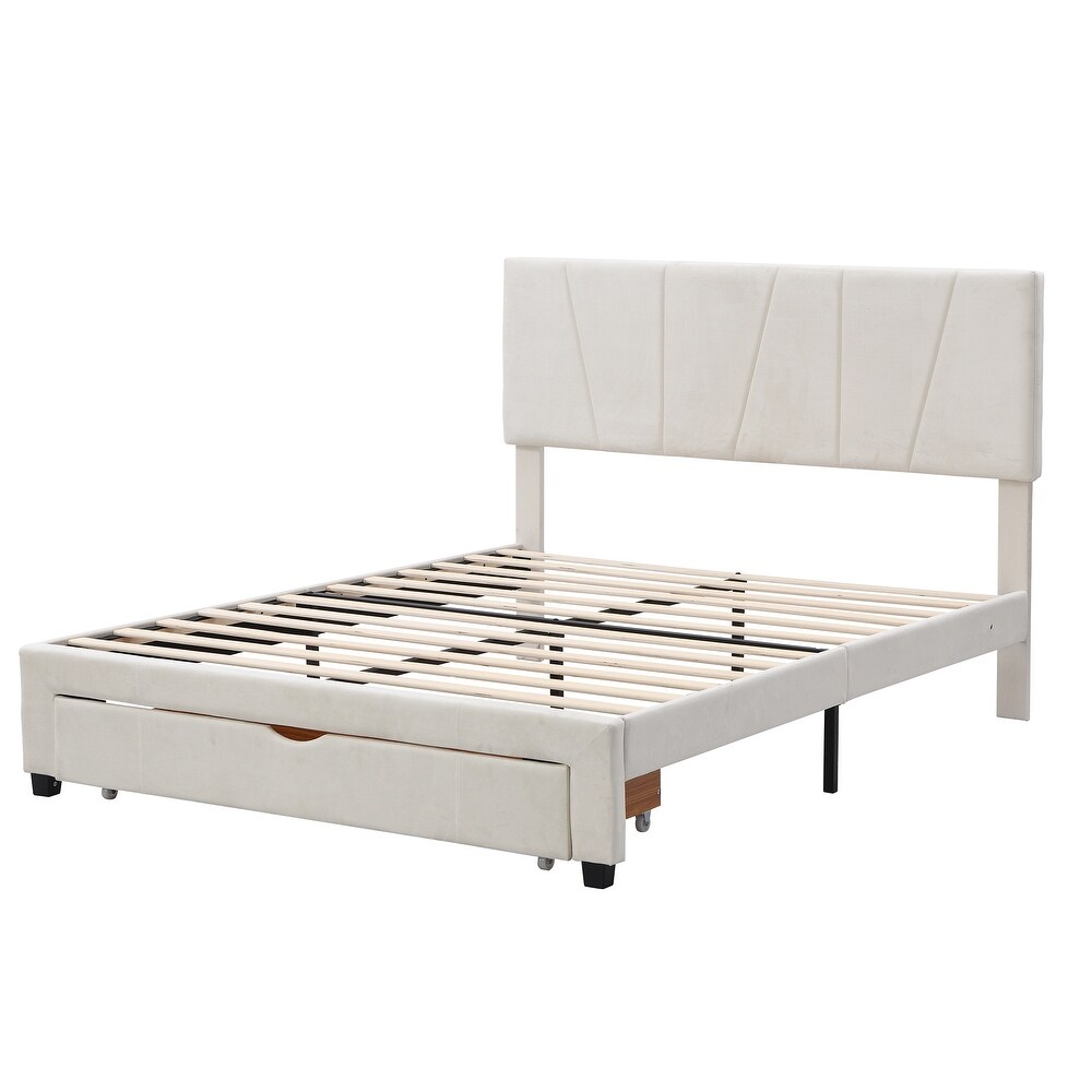 Modern Queen Size Upholstery Platform Bed with One Drawer