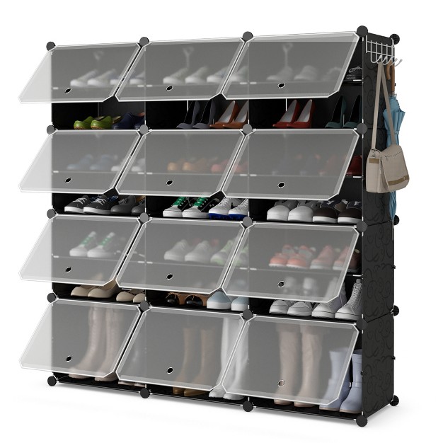 Costway Portable Shoe Rack Organizer 12 cube 48 Pair Shoe Shelf Storage Cabinet W hook