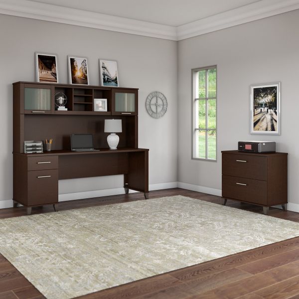 Bush Furniture Somerset 72W Office Desk with Hutch and Lateral File Cabinet in Mocha Cherry