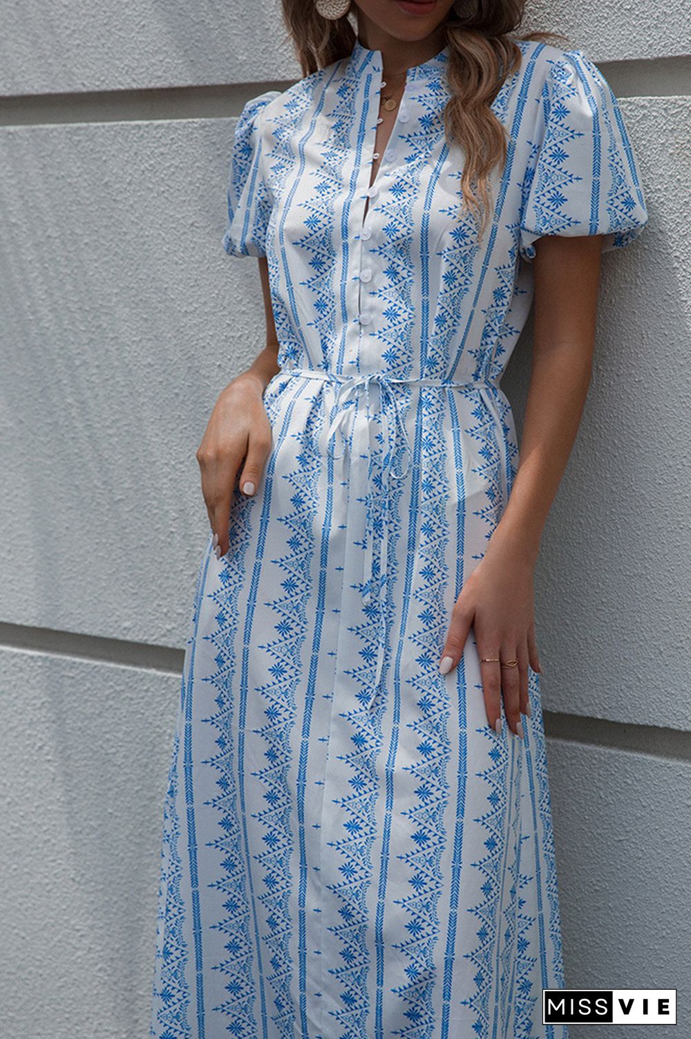 Blue Printing Button Waist Tie Long Dress