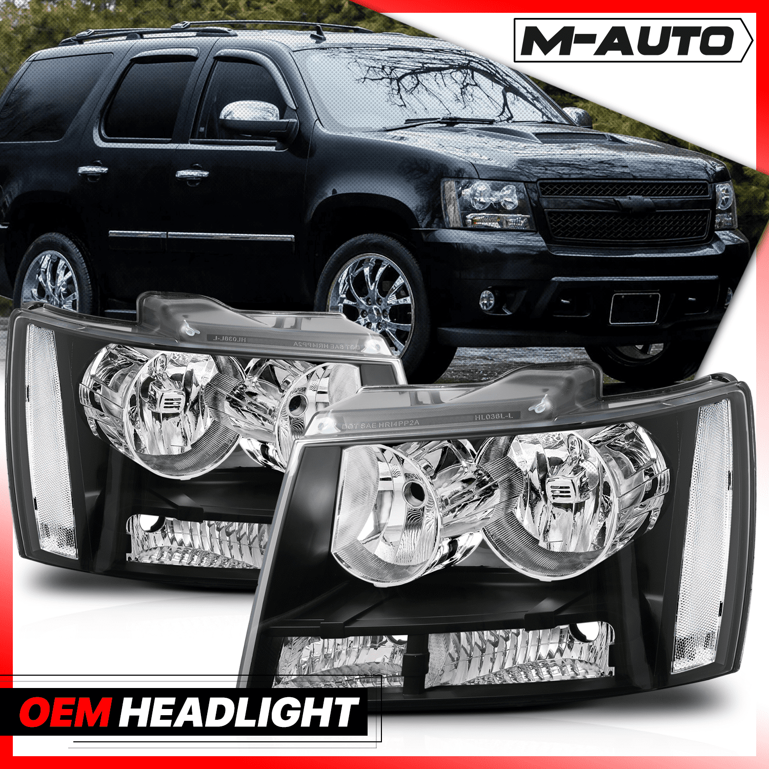 M-AUTO Headlight Assembly for 07-14 Chevy Tahoe Suburban 1500 / 07-13 Avalanche Suburban 2500， Black Housing Clear Lens Clear Corner