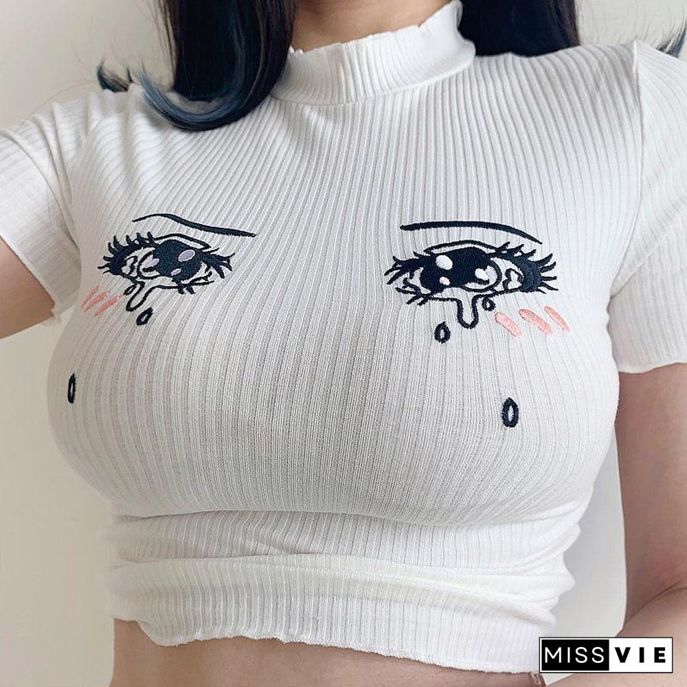 Cartoon Eyes Embroidery Ruffle Crop Top Fit T-Shirt