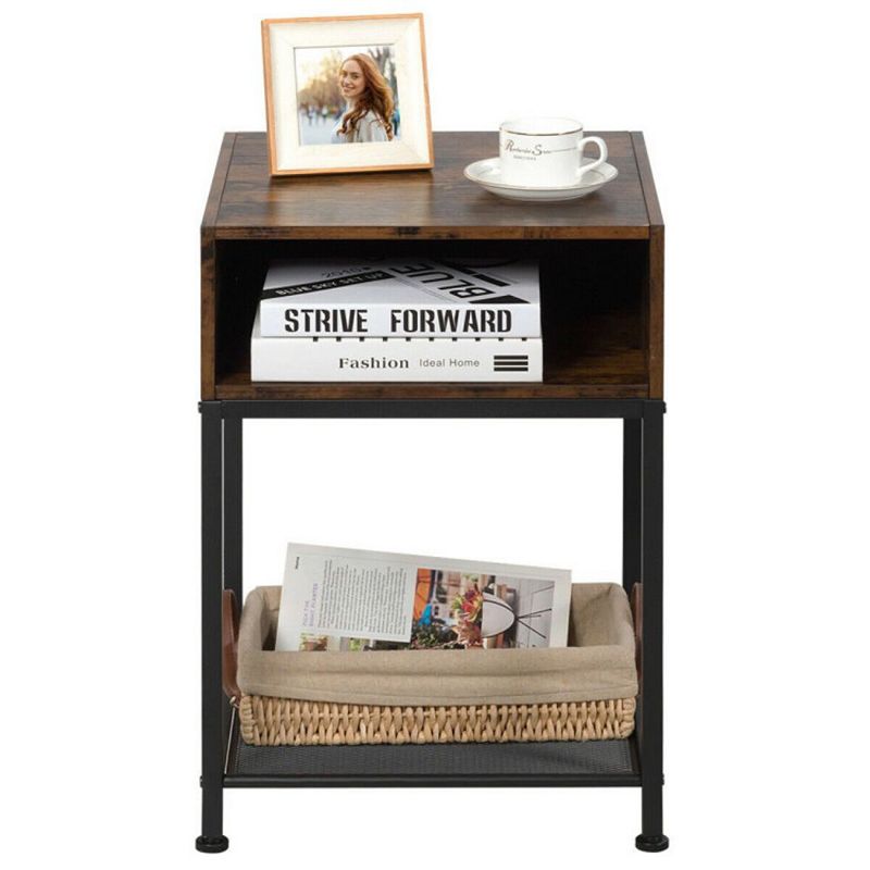 Hivago Industrial Nightstand End Side Table with Mesh Shelf