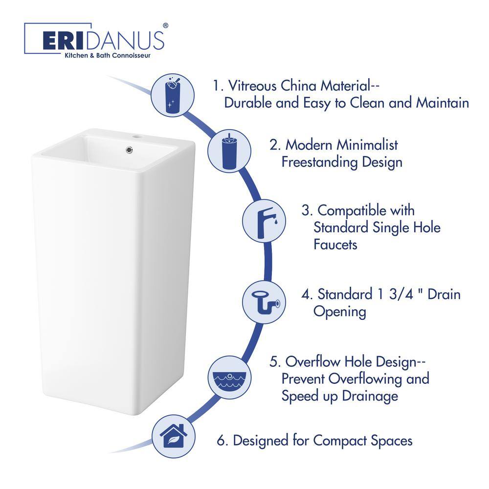 Eridanus Turner Vitreous China 33 in. Tall Square Free Standing Pedestal Sink with Faucet Hole and Overflow in Crisp White ERI-PB-402