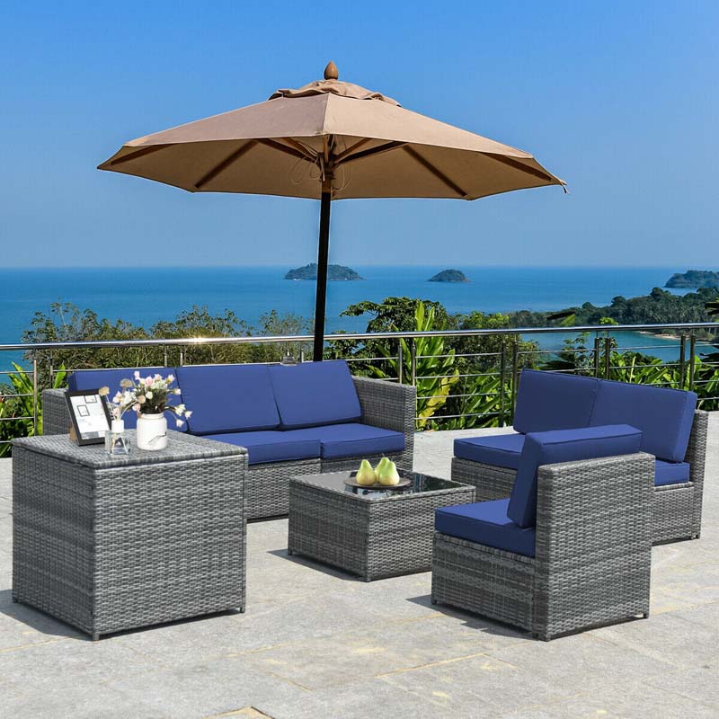 8 Pcs Rattan Patio Sectional Sofa Couch Set Outdoor Wicker Furniture Set with Storage Table & Cushions