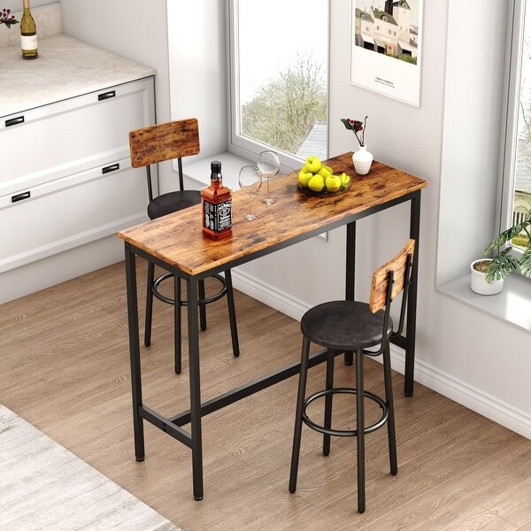 3 Piece Bar Table Set， Industrial Bistro Table Set with 2 Upholstered PU Leather Chairs， Counter Height Dining Pub Table Set