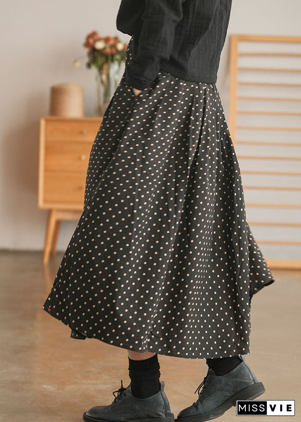 Retro Black elastic waist Pockets dot print Skirt Spring