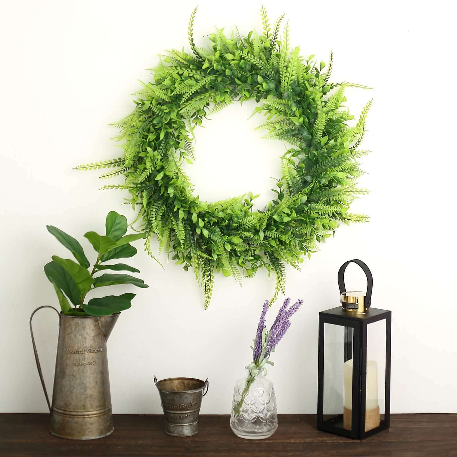 2 Pack Green Artificial Lifelike Boxwood Fern Mix Spring Wreaths 22