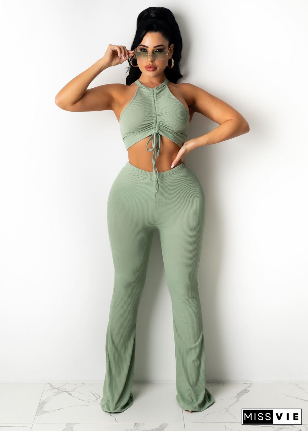 Solid Bandage Sleeveless Crop Top Flare Pants Set