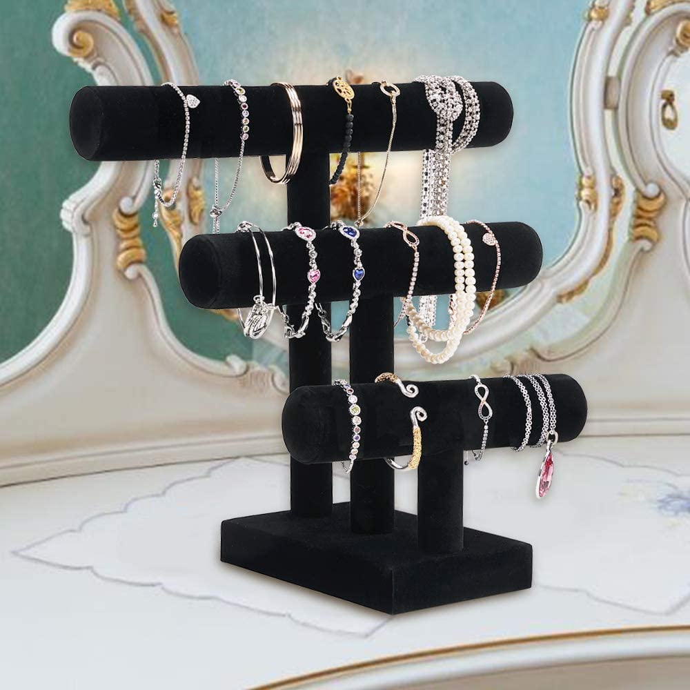 PinkSheep 3 Tier T-Bar Velvet Jewelry Organizer Display Stand Earrings Bracelet Necklace Holder Stand