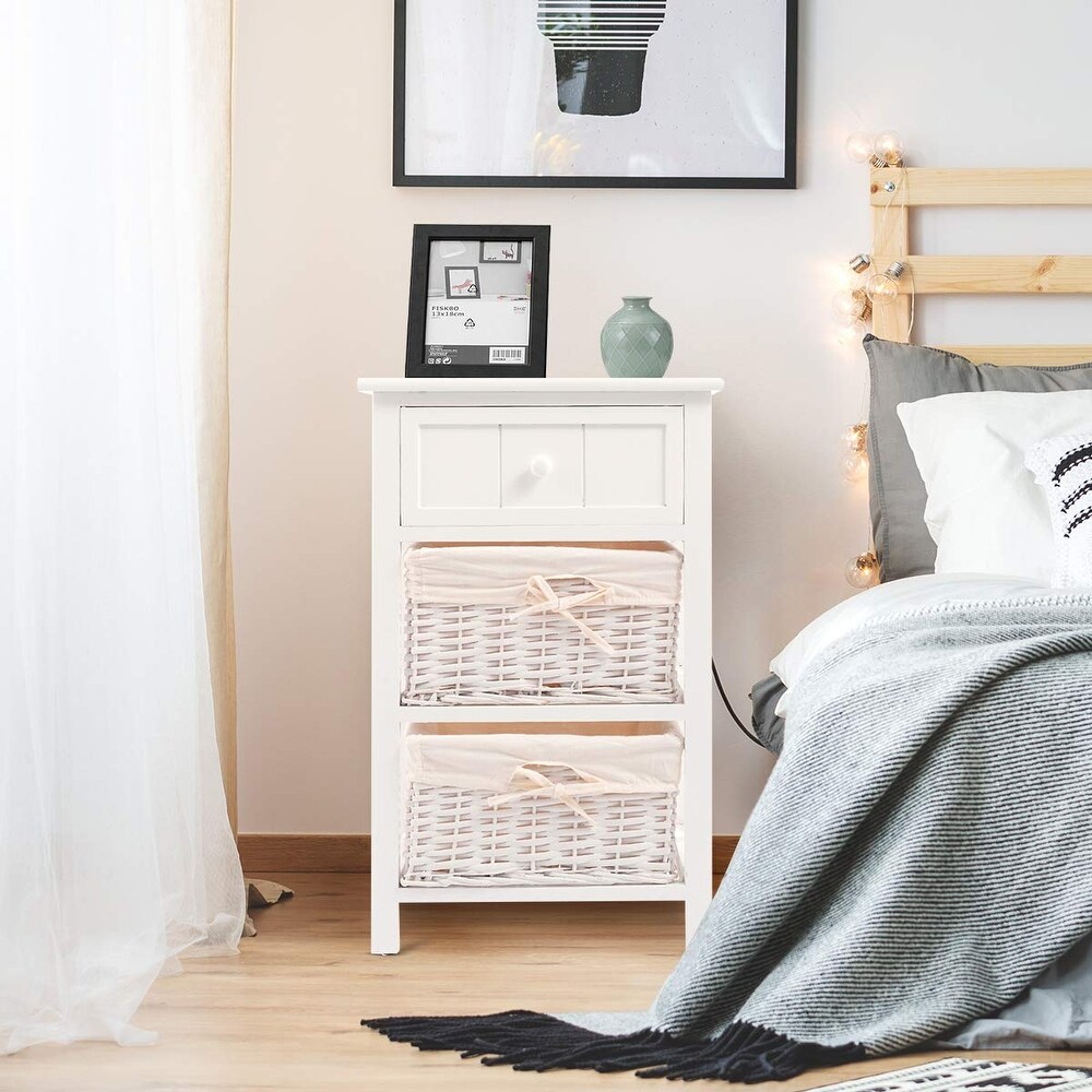 Nightstand with Drawers Wooden  W/ 2 Storage Baskets and Open Shelf for Bedroom  Bedside Sofa End Table (1  White)