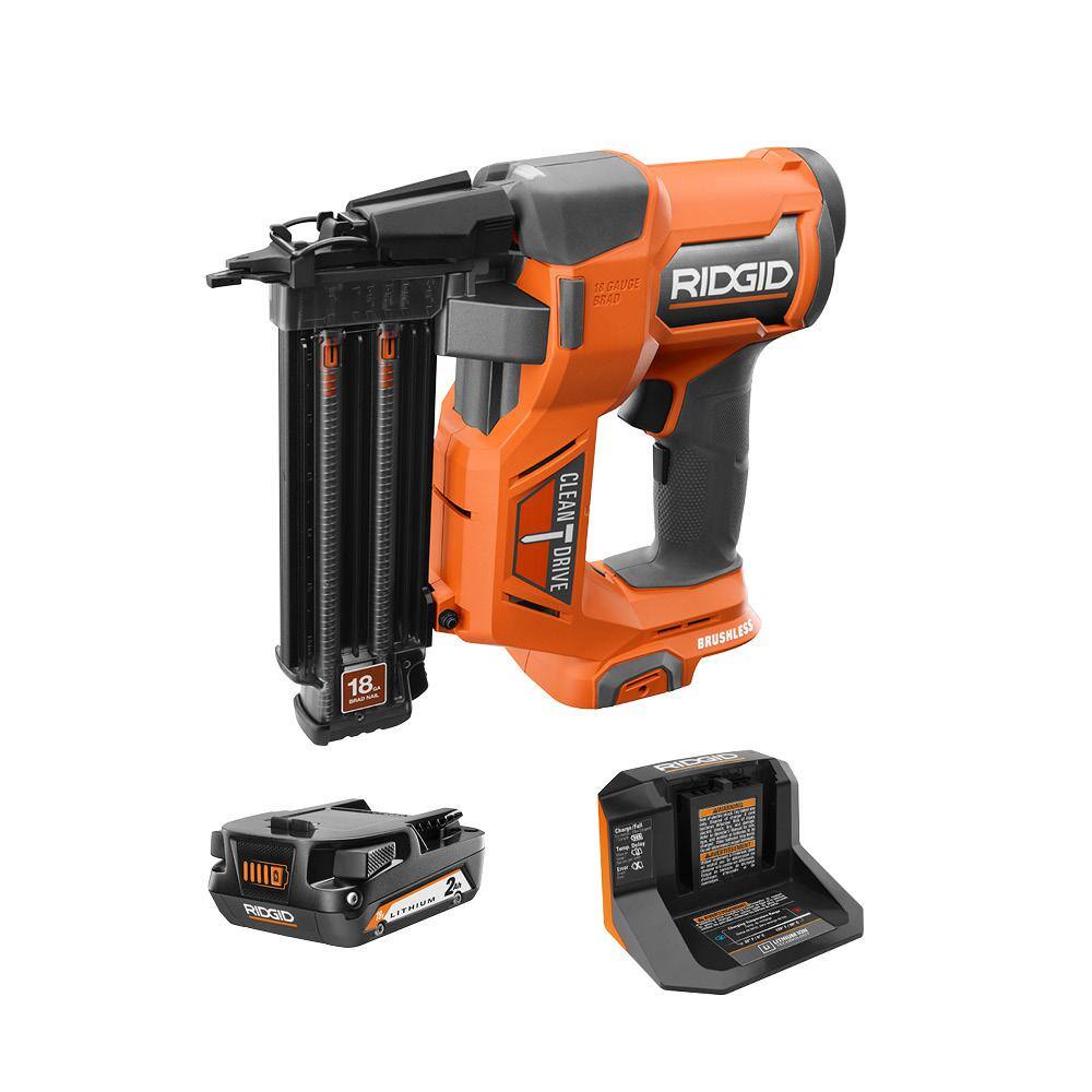 RIDGID 18V Brushless Cordless 18-Gauge 2-18 in. Brad Nailer with CLEAN DRIVE Technology with 2.0 Ah Battery and Charger R09891K