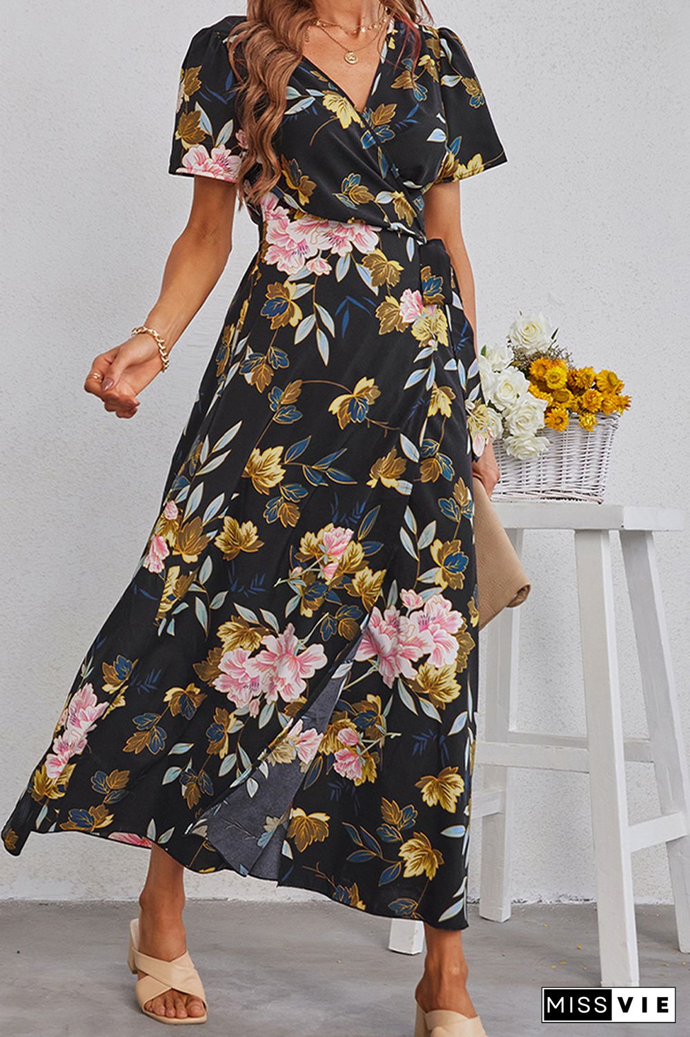 Floral Print V-neck Short Sleeve Dress Wholesale