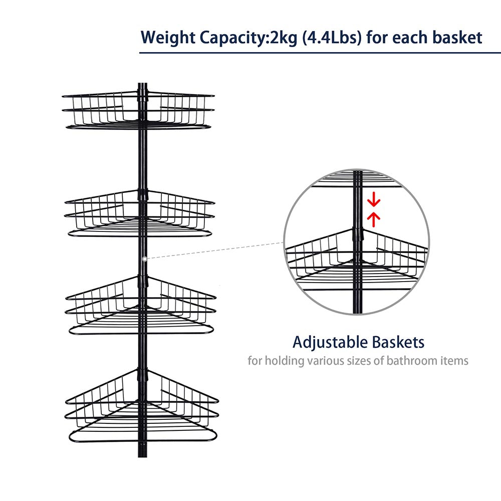 Aquaterior 4 Baskets Bathtub Corner Shower Caddy Adjustable Pole Black