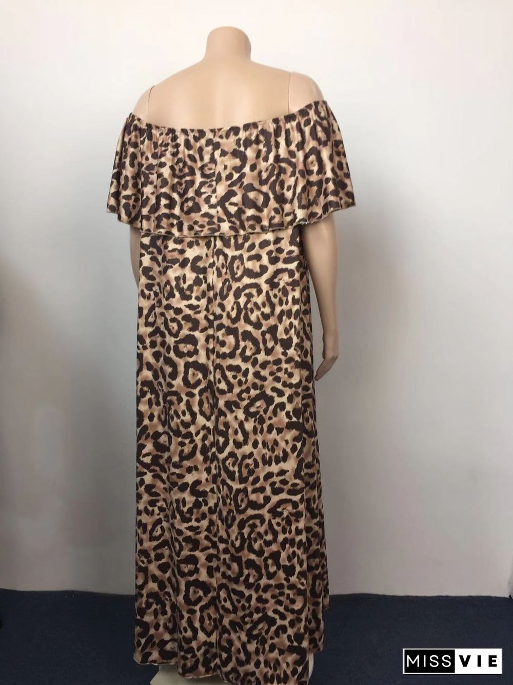 Plus Size Summer Leopard Print Off The Shoulder Short Sleeve Loose Party Club Holiday Maxi Long Dresses