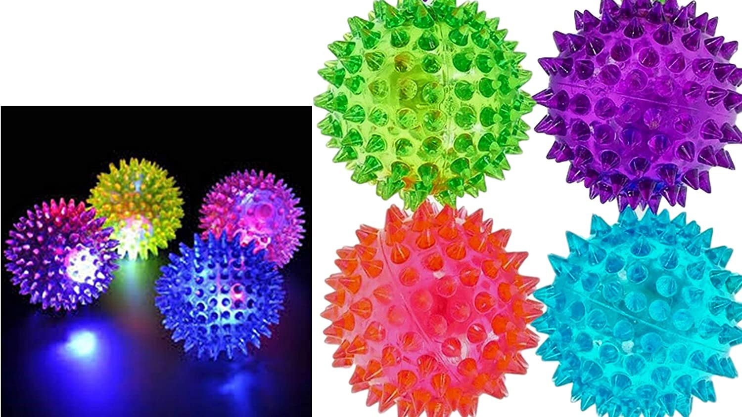 Light Up Spike Rubber Ball ( Pack of 4 ) Strobe Flashing Lights Soft Colorful Cool Bouncy Stress Ball Fidget Ball Toys . Great Party Favor in Bulk . Therapy Balls 2 . 5 Inch . Plus 1 Sticker. | 69