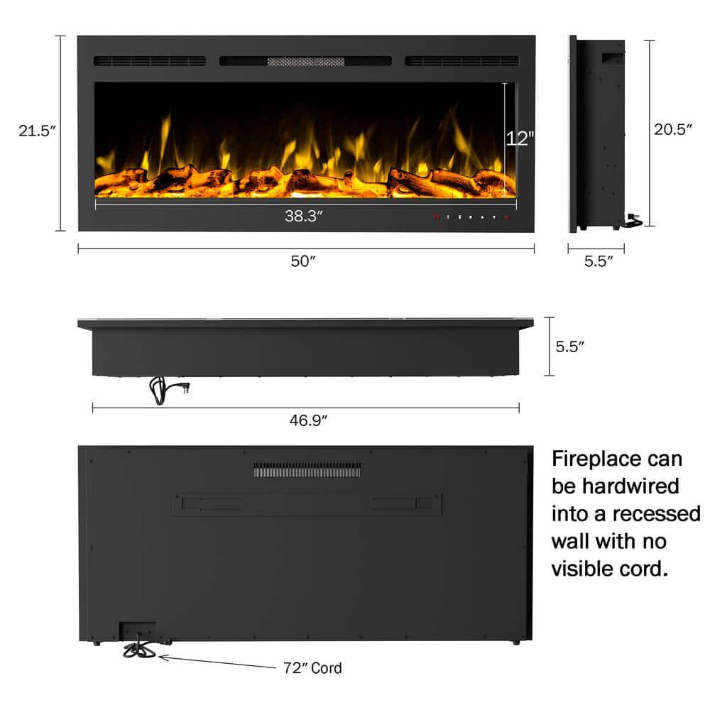 5110 BTU Wall Mounted or Recessed 50 in Electric Fireplace Black with 10 Ember Bed Colors