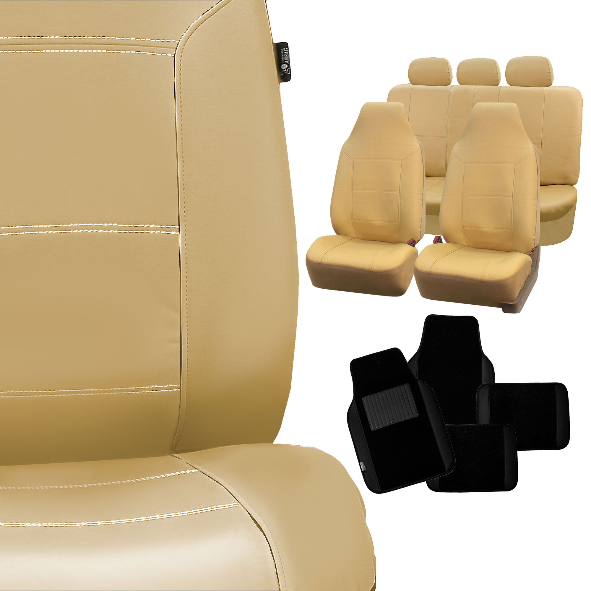 FH Group PU Leather Highback Royal PU Leather Seat Covers， Full Set with Carpet Floor Mats， Tan