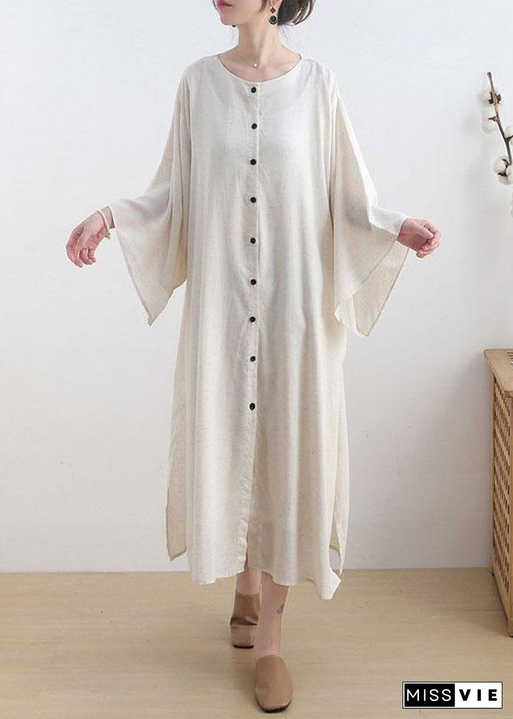 Fashion Beige O-Neck Button Maxi Dresses Fall Cotton Dress