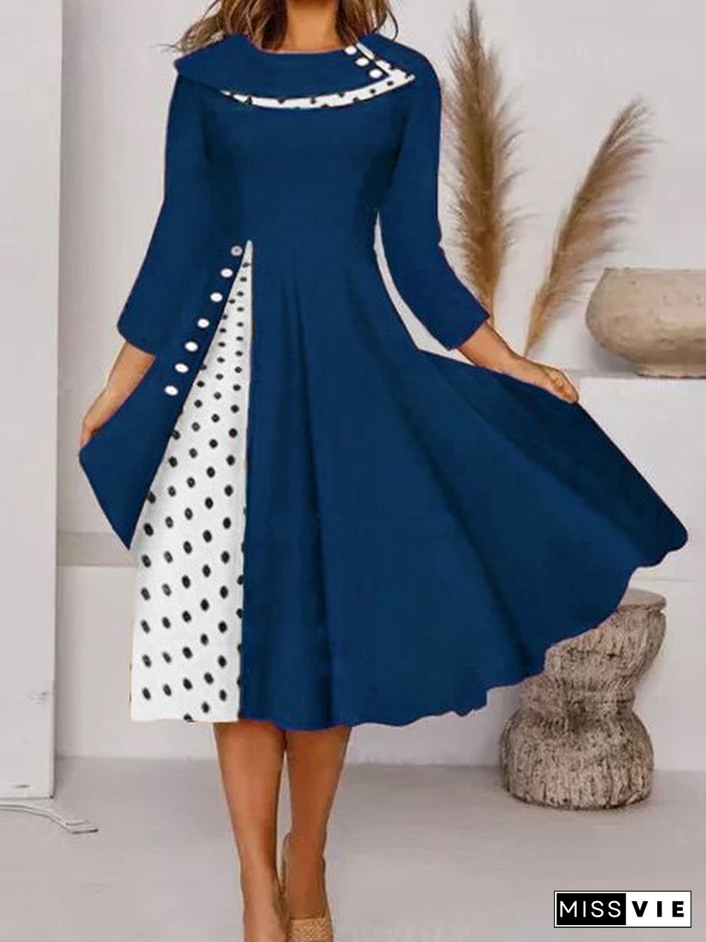 A-Line Casual 3/4 Sleeve Bateau/Boat Neck Knitting Dress