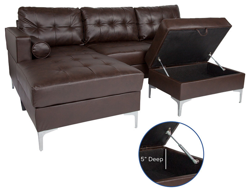 Tufted Back Sectional  Left Side Facing Chaise  Ottoman Set  Brown Leather   Contemporary   Sectional Sofas   by Morning Design Group  Inc  Houzz