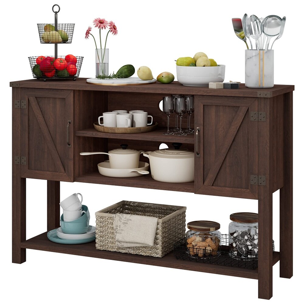 Buffet Sideboard  Farmhouse Wood Cupboard with 2 Storage Cabinets  2 Tier Open Shelf  Countertop  Adjustable Shelves