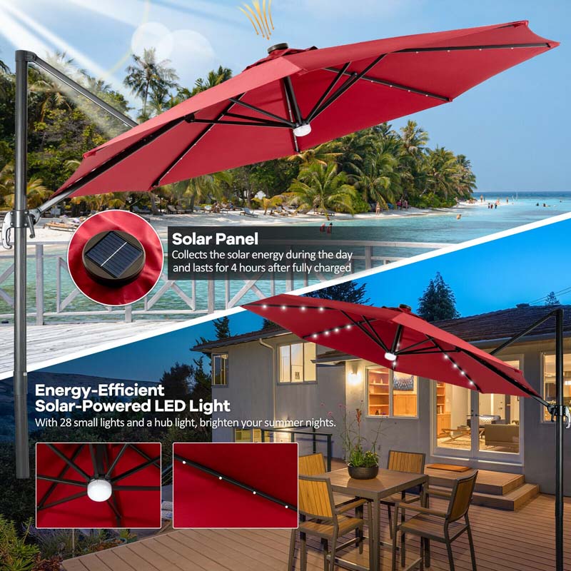 10 FT Cantilever Offset Patio Umbrella 28 Solar LED Lighted Market Umbrella with 3-Tilt Position, Crossed Base