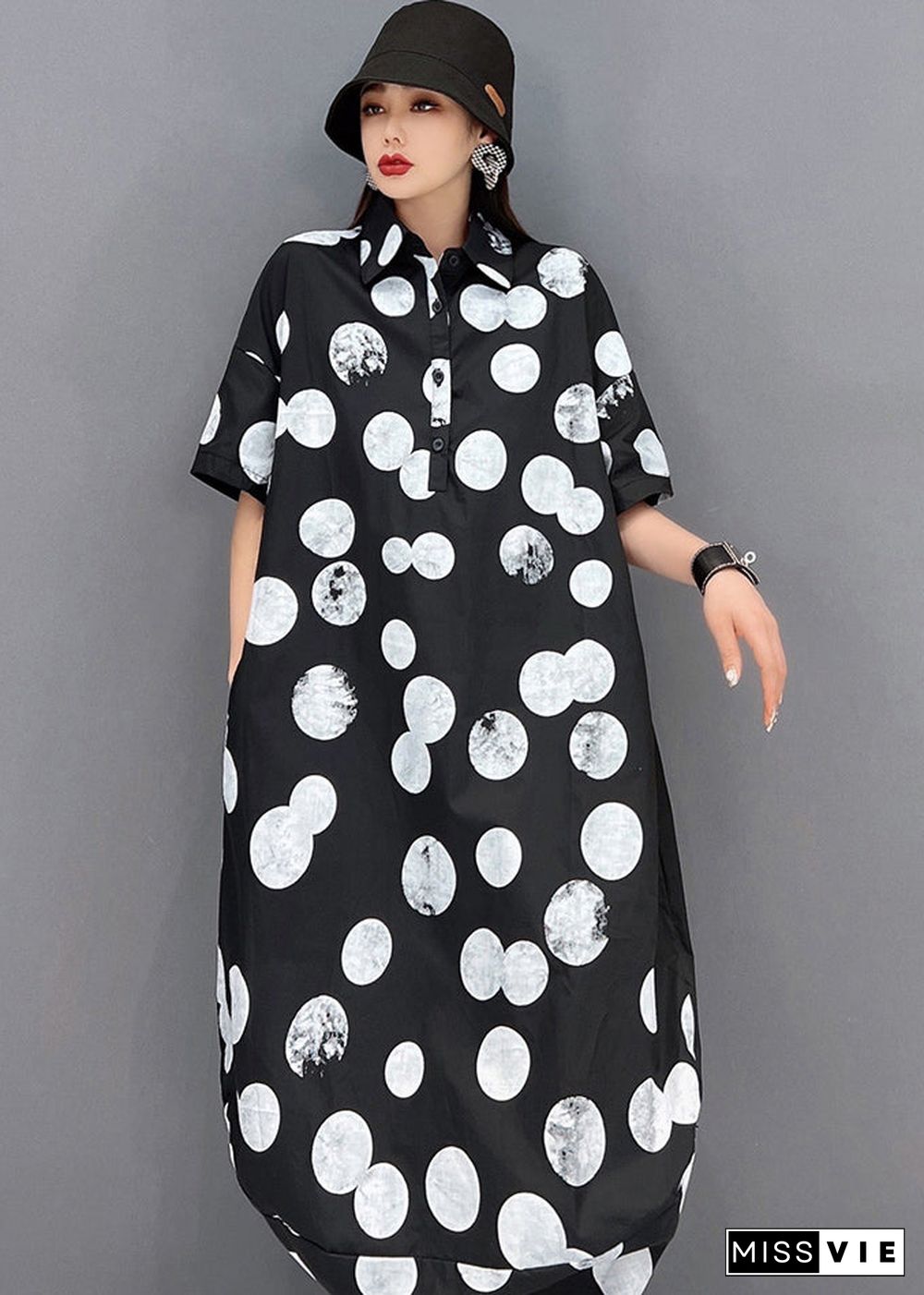 Plus Size Black Peter Pan Collar Dot Print Vogue Shirt Dress Short Sleeve