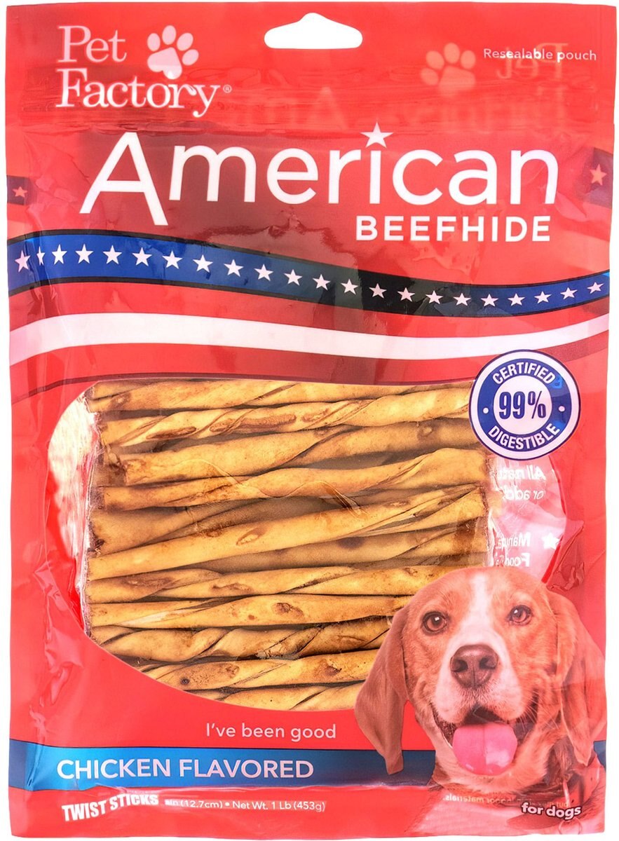 Pet Factory Beefhide 5-inch Twist Sticks Chicken Flavored Dog Hard Chews， 1-lb bag