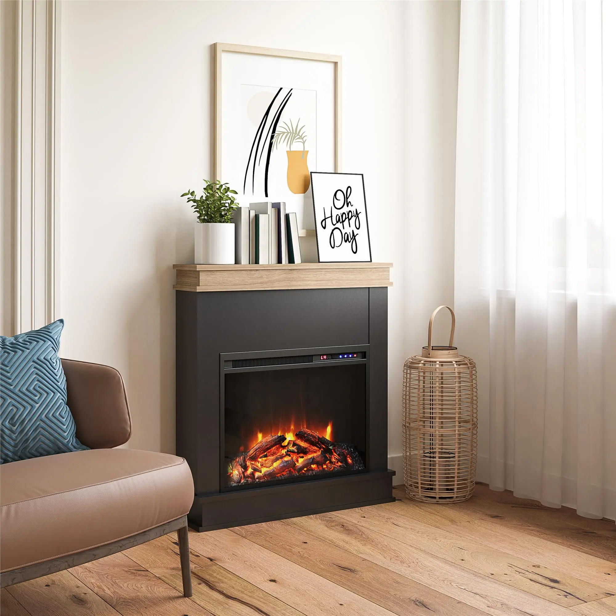 Mateo Black Fireplace with Natural Mantel