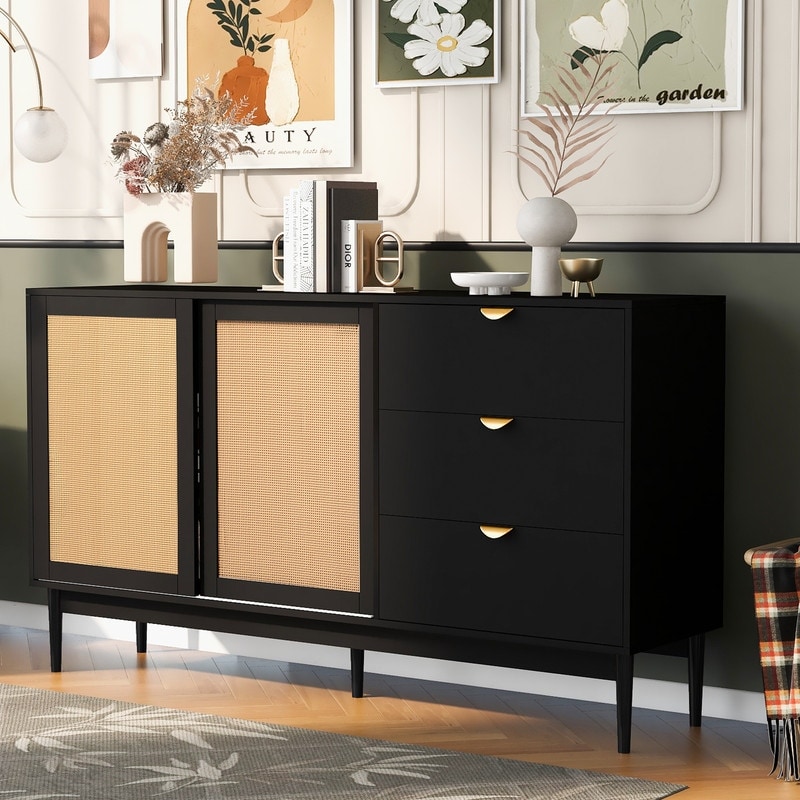 Modern Rattan Storage Sideboard Cabinet with Three Drawers