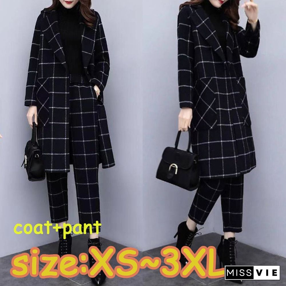 Winter Black Woolen Plaid Two Piece Sets Outfits Women Plus Size Long Coat And Pants Suits Elegant Fashion Office Sets