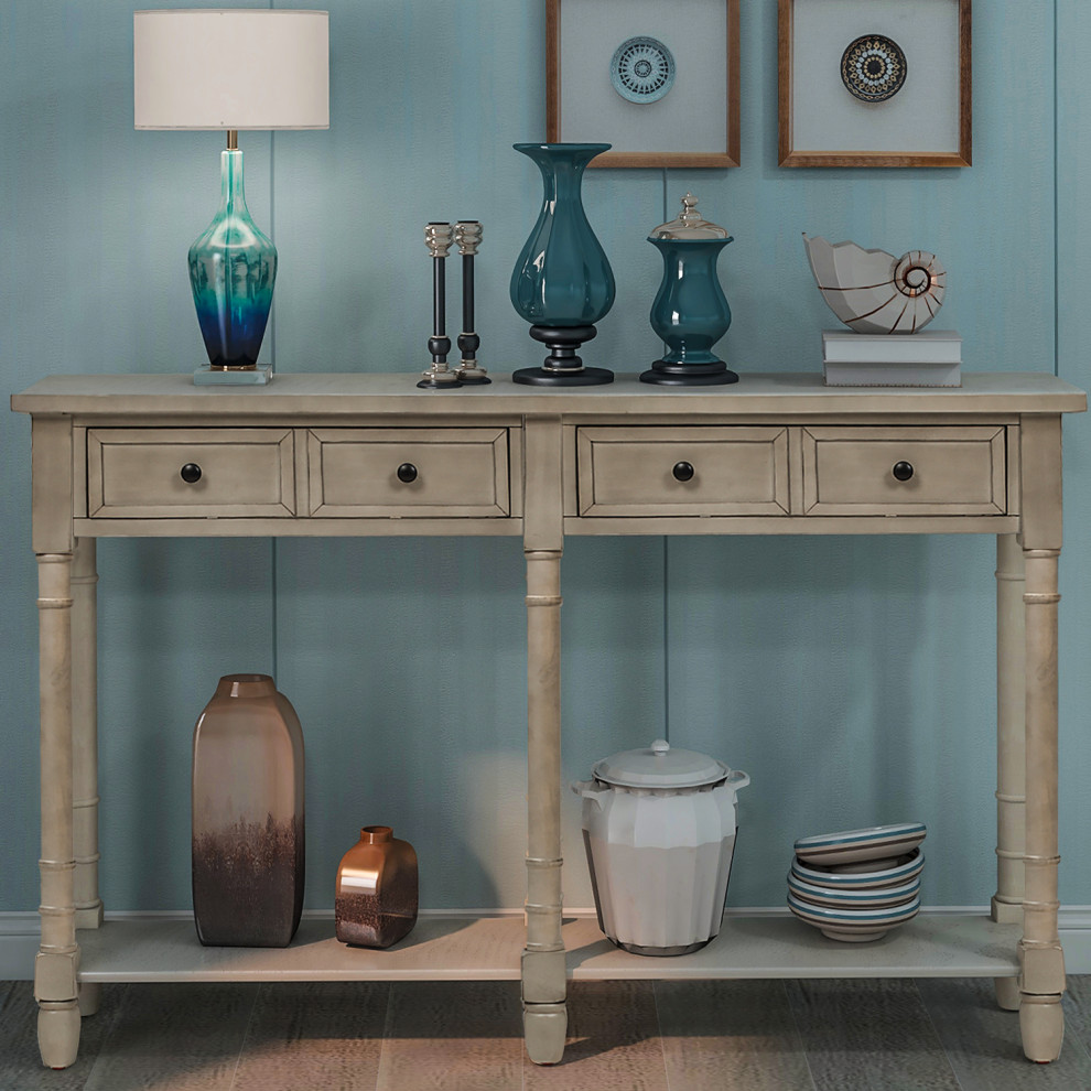 58 quotTwo Drawer Console Table With Bottom Shelf for Living Room Gray Wash   Rustic   Console Tables   by TATEUS LLC  Houzz