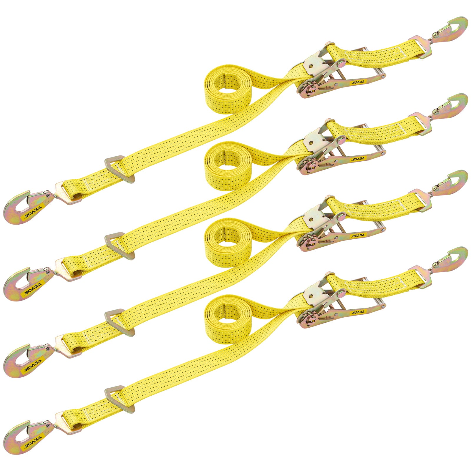 VEVOR Ratchet Tie Down Strap, 10.7ft x 2in Polyester Ratchet Strap 4000 lbs Working Load, 4 PCs Heavy Duty Car Straps w/ Double Hooks, Tie Down Strap with Chain Anchors, Security Fastening, Yellow