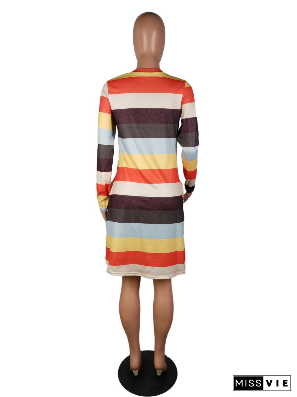 Rainbow Stripe Round Neck Long Sleeved Pocket T-shirt Dress