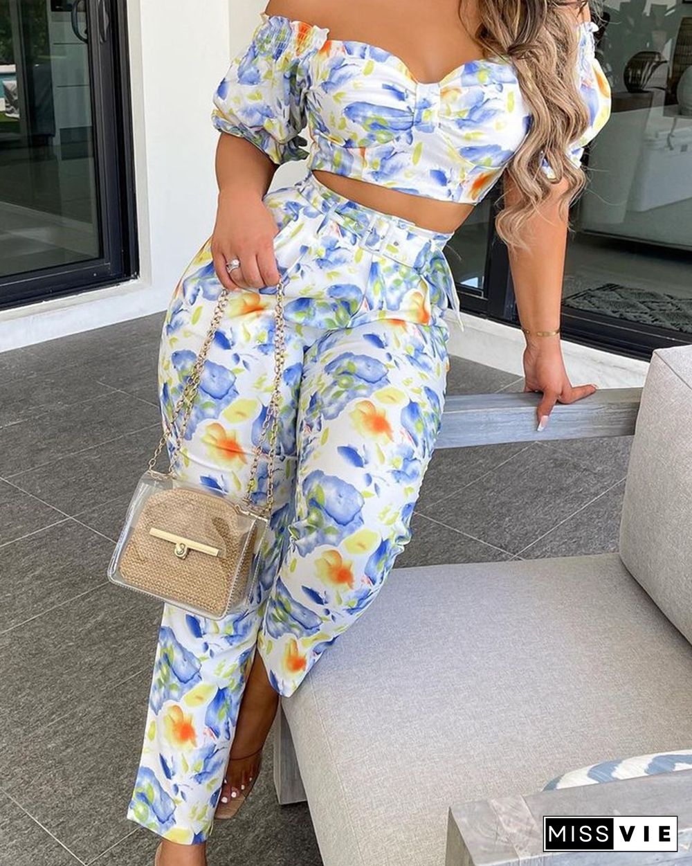 Floral Print Short Sleeve Cropped T-shirts With Pants Sexy Sets