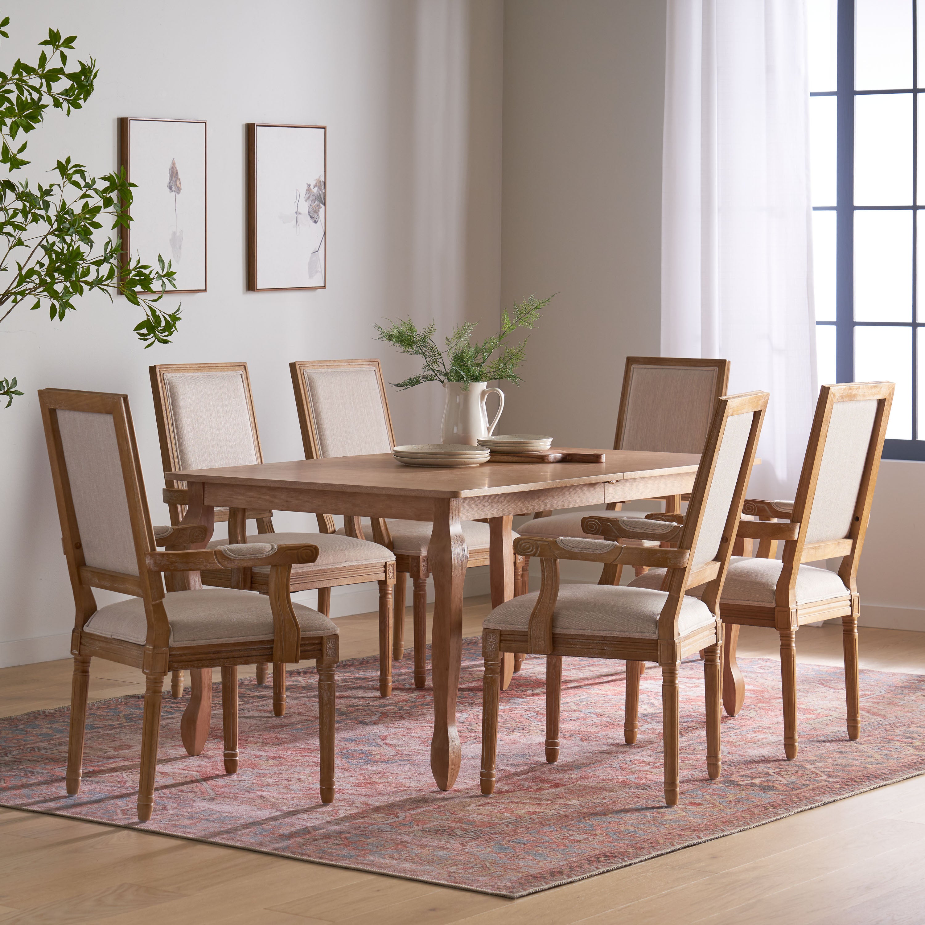 Regan French Country Fabric Upholstered Wood Expandable 7 Piece Dining Set