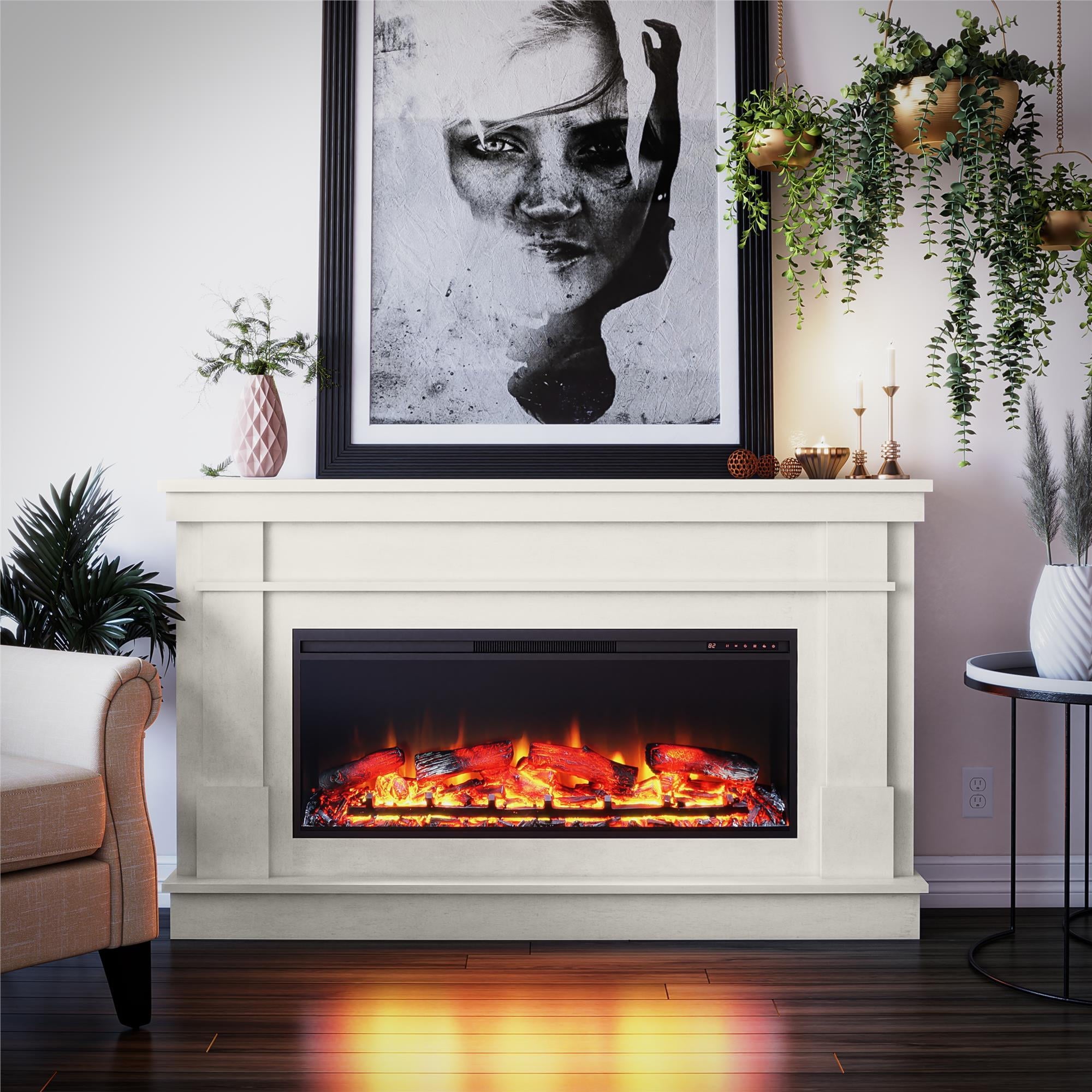 Ameriwood Home Elmdale Wide Mantel with Linear Electric Fireplace, Plaster