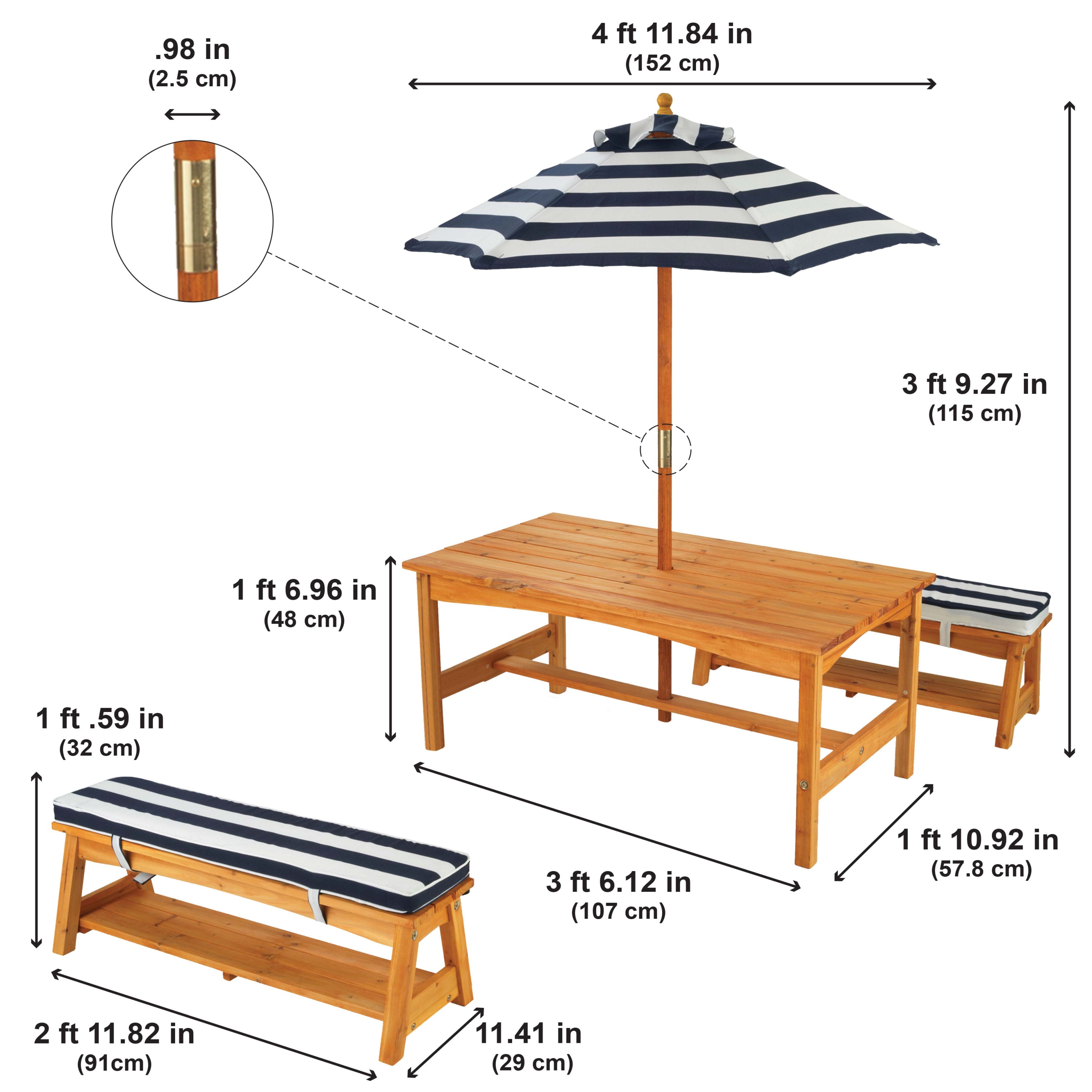 KidKraft Outdoor Wooden Table & Benches with Cushions & Umbrella, Navy